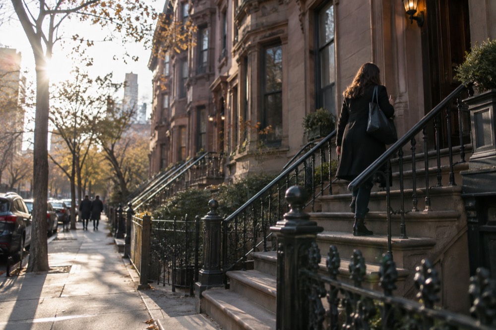 A brownstone apartment block in a New York neighborhood with stoops and a resident walking toward the front door