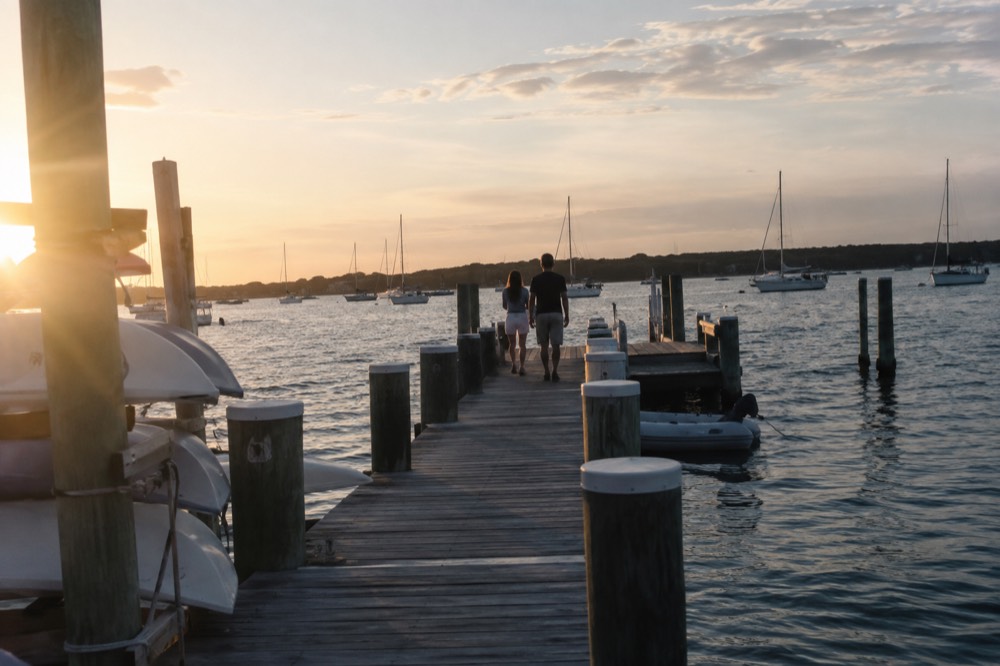 A wooden dock extending into calm harbor water with sailboats near Sag Harbor