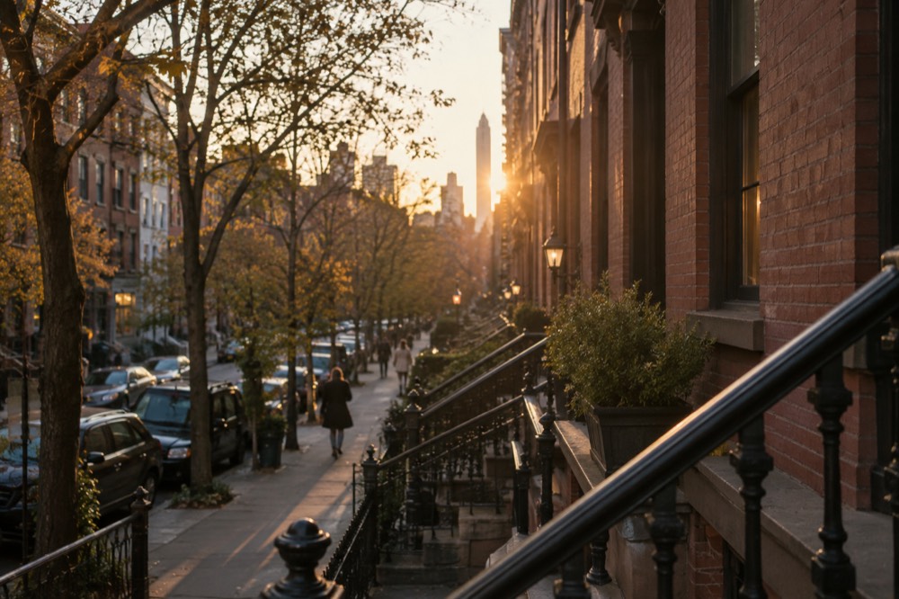Row of brick townhouses with steep front stoops in Greenwich Village