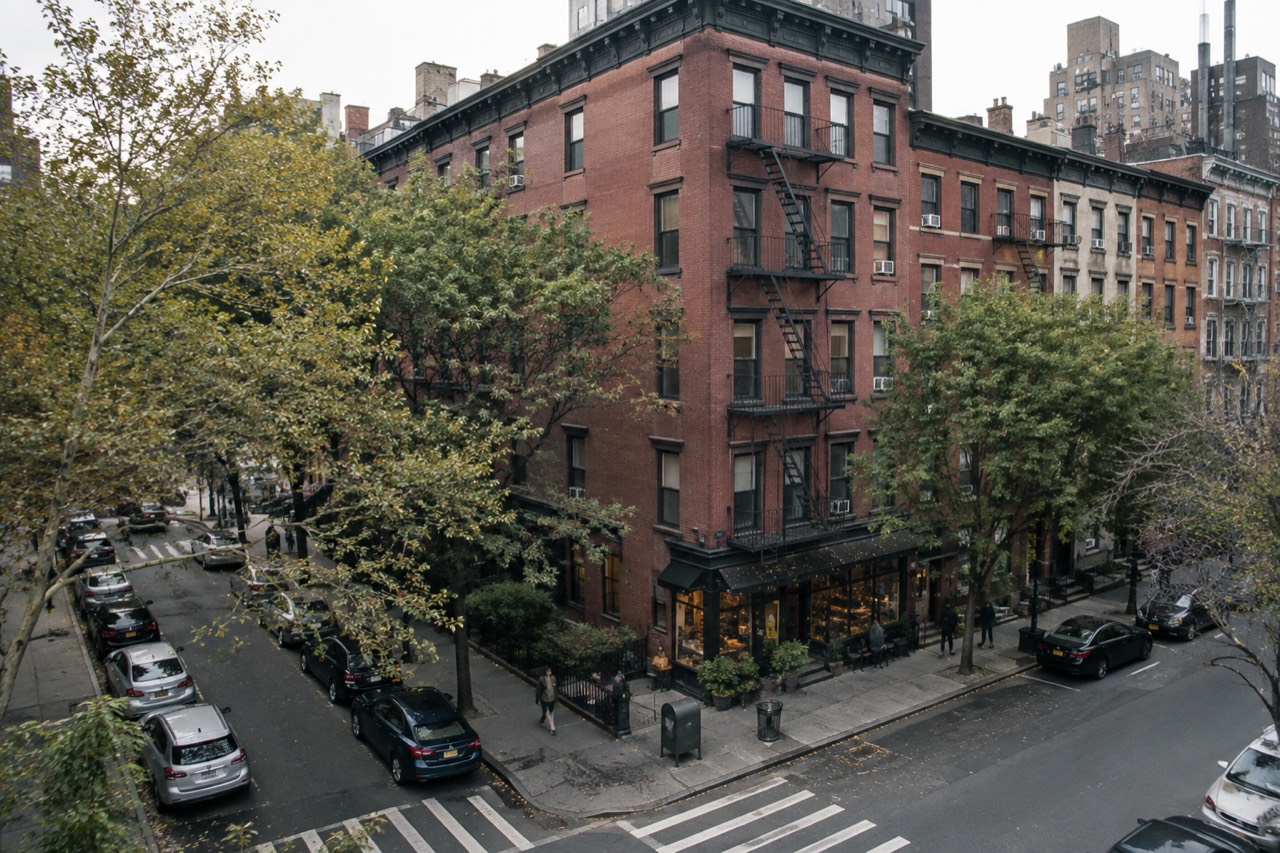 A corner apartment building on a tree-lined street in Greenwich Village, New York
