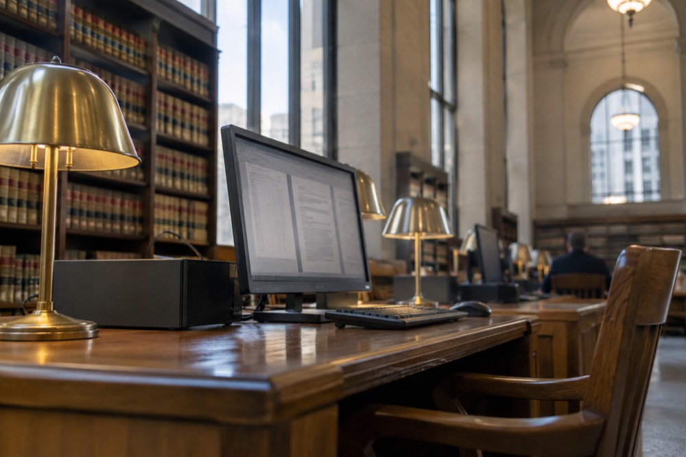 A public records terminal in a courthouse law library with a wooden desk