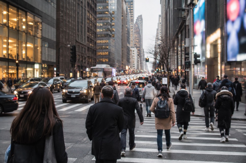 Pedestrians crossing a busy Midtown Manhattan avenue with glowing billboards in the distance