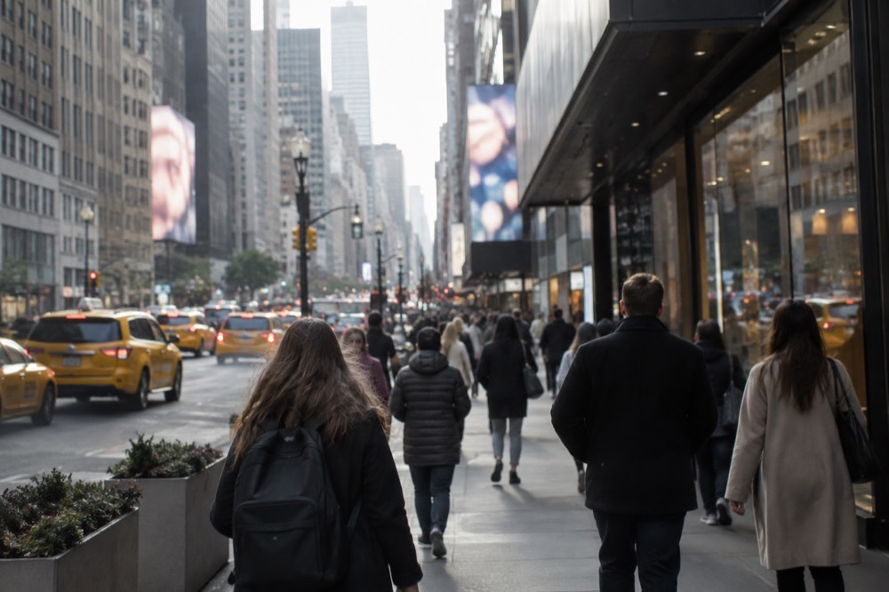 Visitors walking along a busy Midtown sidewalk with yellow taxis on the avenue beside them