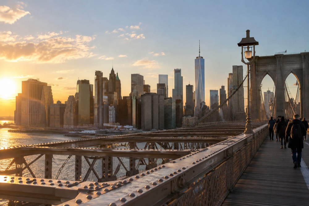 The Manhattan skyline seen from the Brooklyn Bridge promenade at golden hour