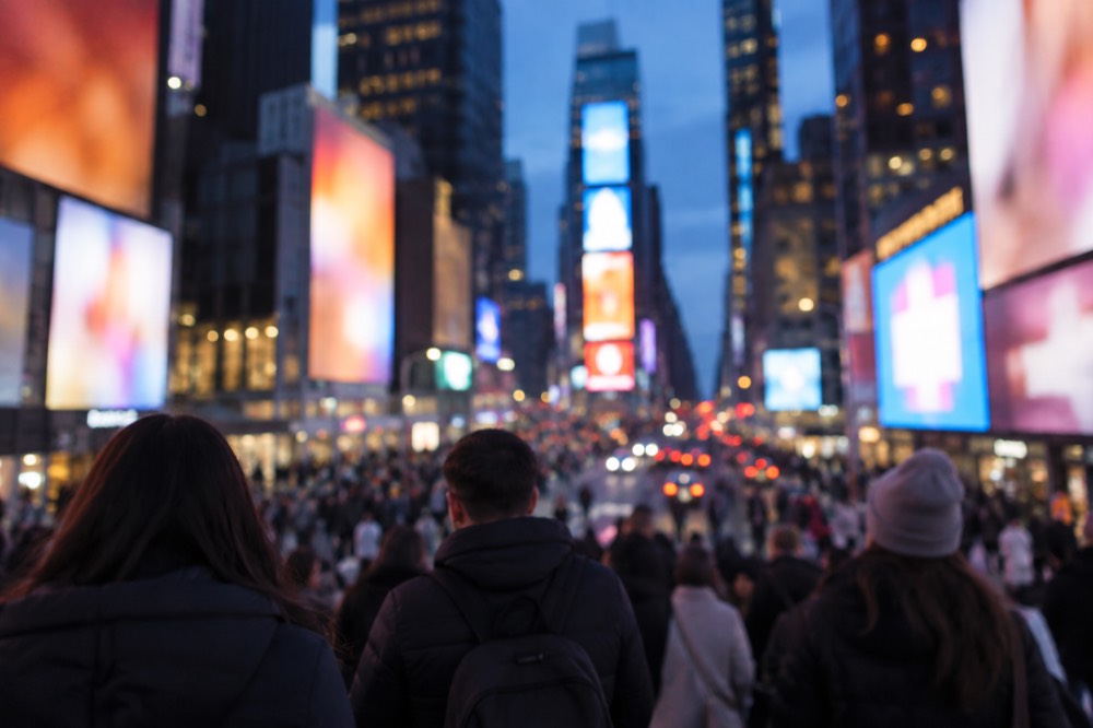 Crowds gathered in Times Square at dusk with billboards glowing above the street