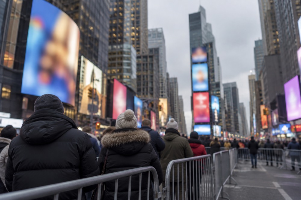 People in winter coats and hats waiting behind barricades on a closed Midtown street