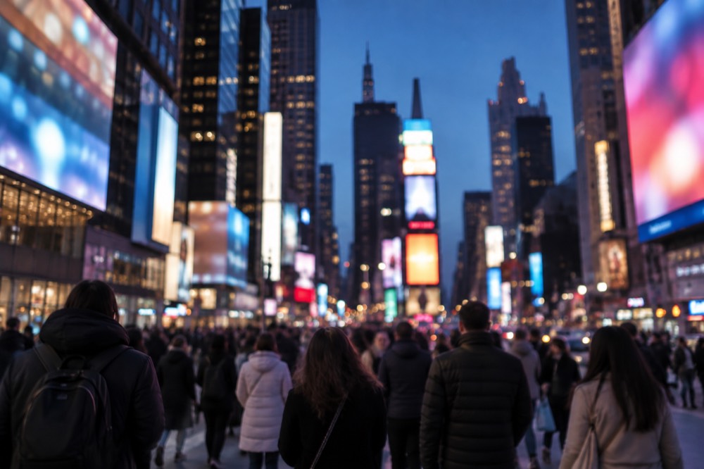Crowds filling Times Square at night under glowing billboards before the New Year's Eve ball drop