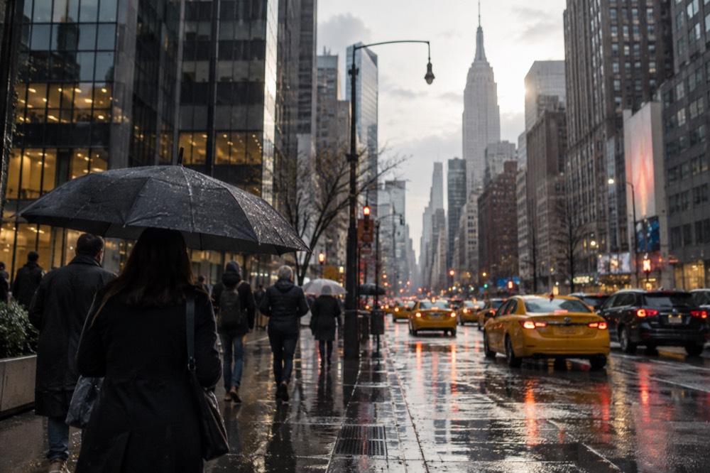 Wet pavement and umbrellas on a Midtown Manhattan street with yellow taxis in the rain