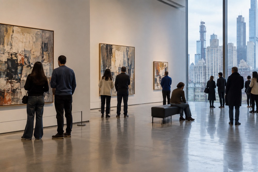 Visitors looking at paintings inside a bright museum gallery in New York