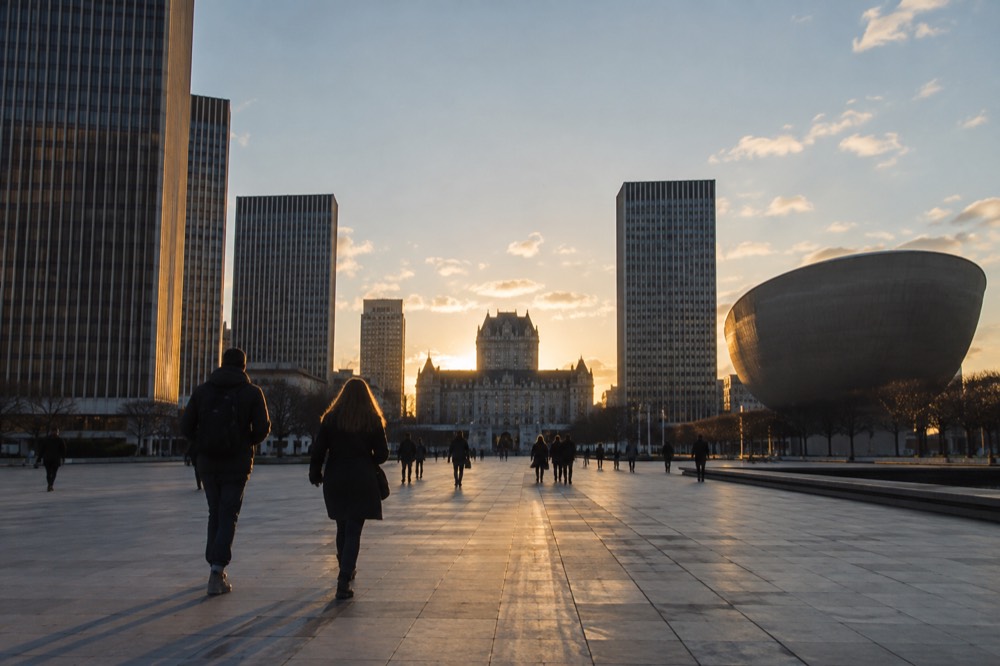 Visitors walking across Empire State Plaza in Albany with the agency towers and the Egg venue in view