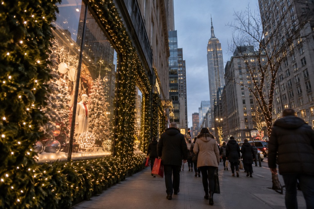 Festive window displays and holiday shoppers on a busy Midtown sidewalk at dusk