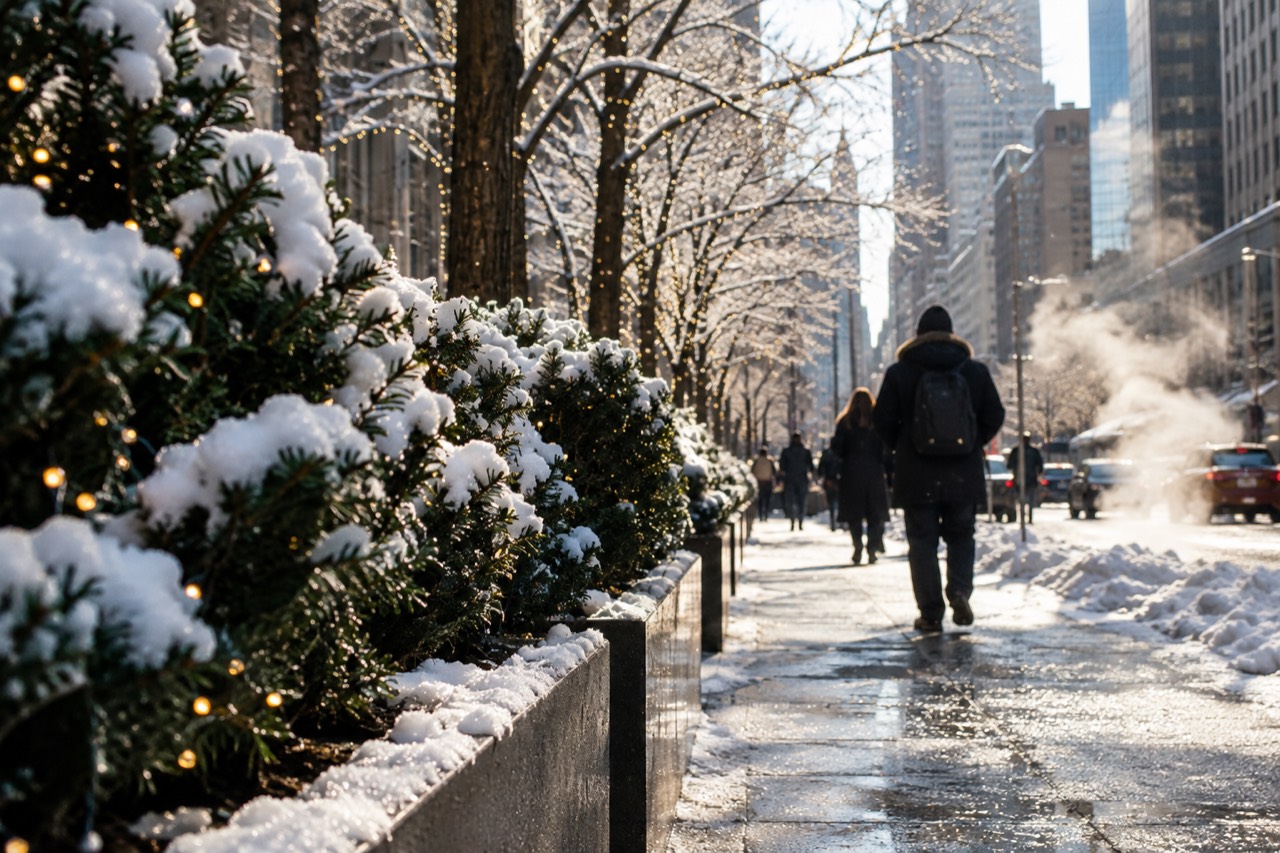 Snow-dusted trees and holiday lights lining a New York street in December