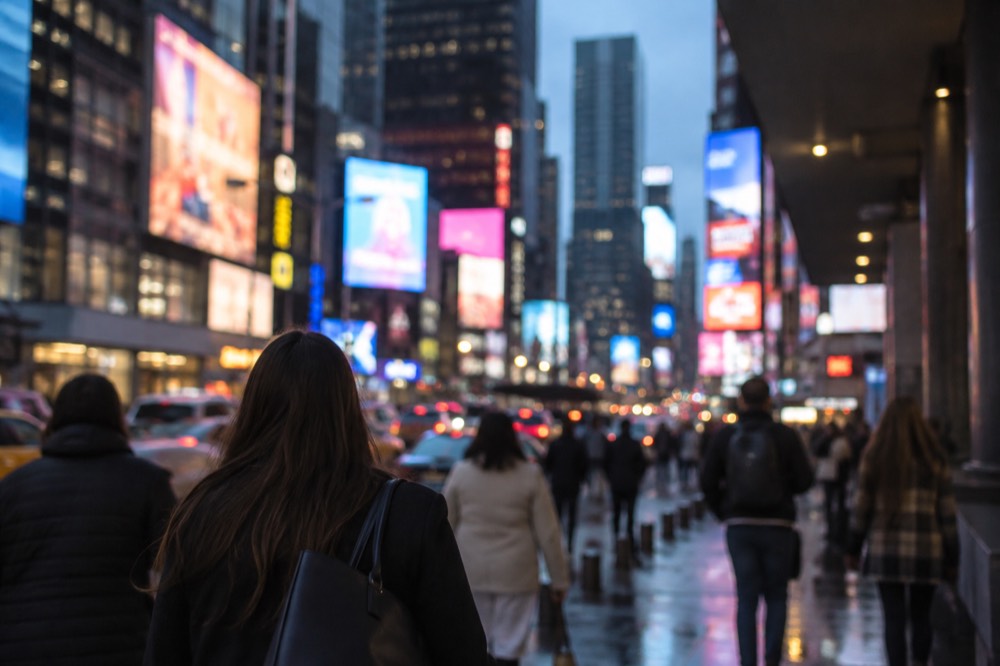 Times Square billboards glowing above crowds at dusk in Midtown Manhattan