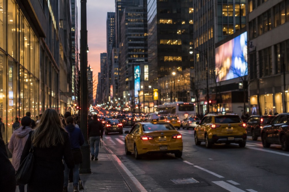 A busy Midtown Manhattan street at dusk with yellow taxis and illuminated billboards in the distance