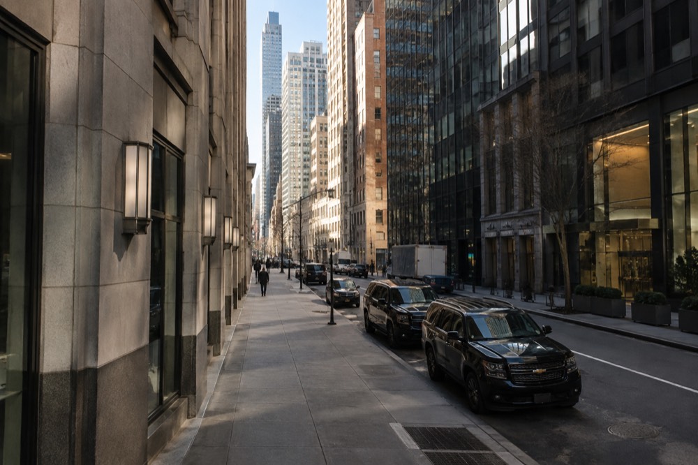 A quiet Midtown side street in the morning with office towers above and empty sidewalks
