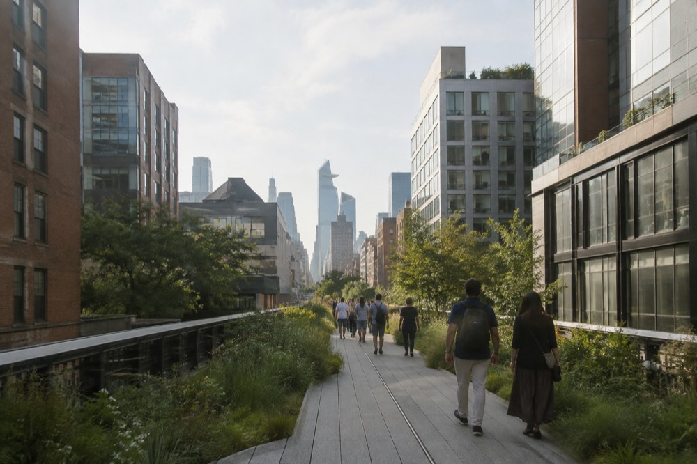 Visitors strolling along the planted walkway of the High Line with city buildings rising on both sides