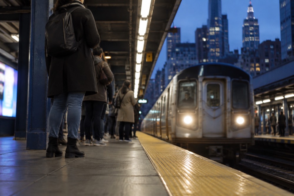 A well-lit New York subway platform with a train arriving and passengers waiting behind the yellow line