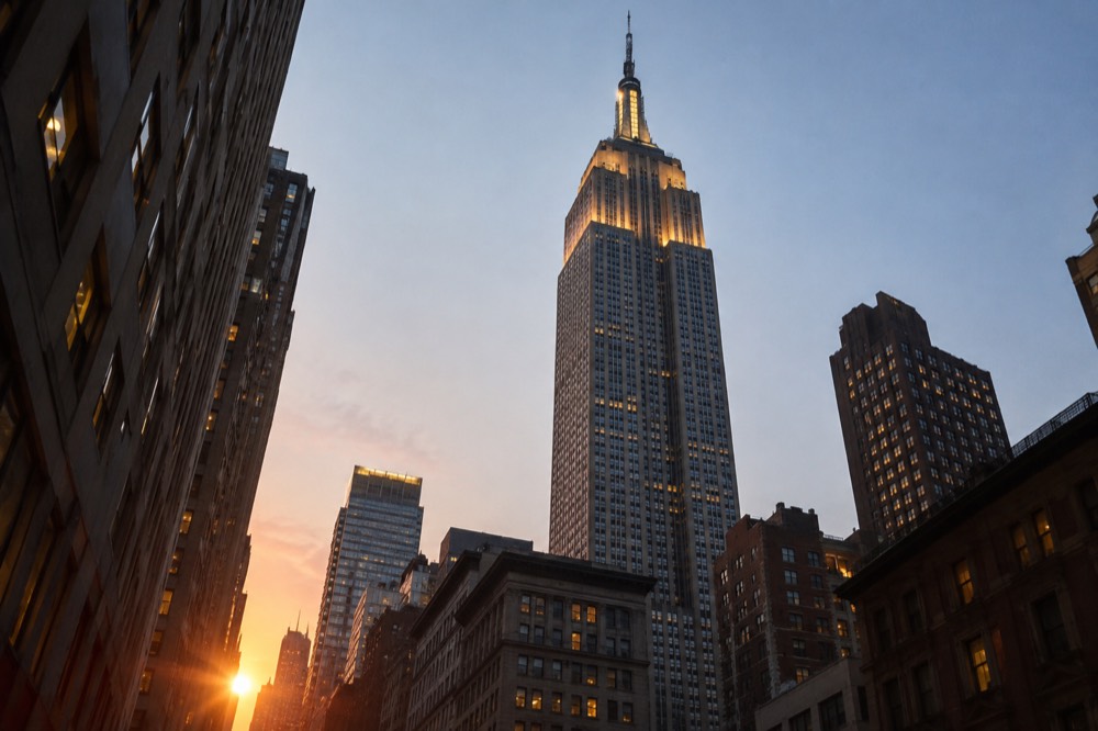 The Empire State Building rising above Midtown Manhattan at dusk with its tower lit