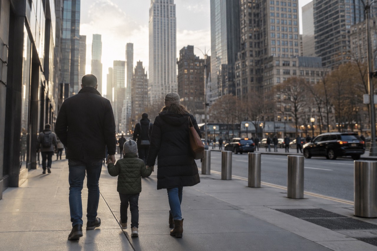 A family walks along a wide New York sidewalk with skyscrapers rising behind them