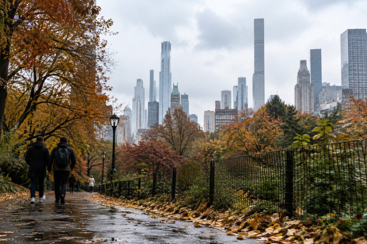 Fall foliage along a Central Park path with the Manhattan skyline behind the trees
