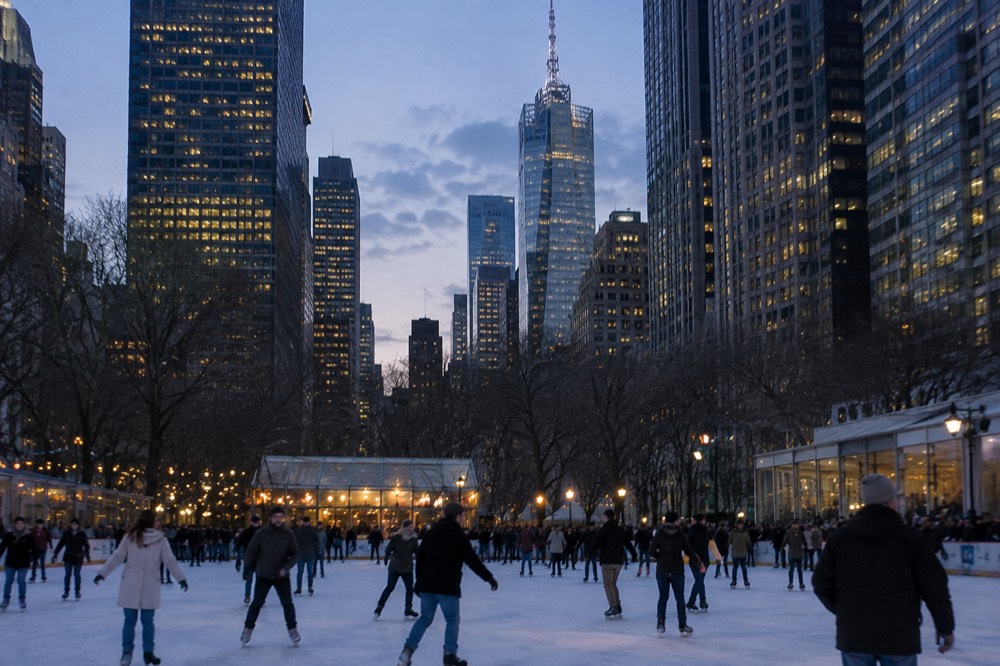 An ice rink surrounded by skyscrapers with skaters moving under winter light