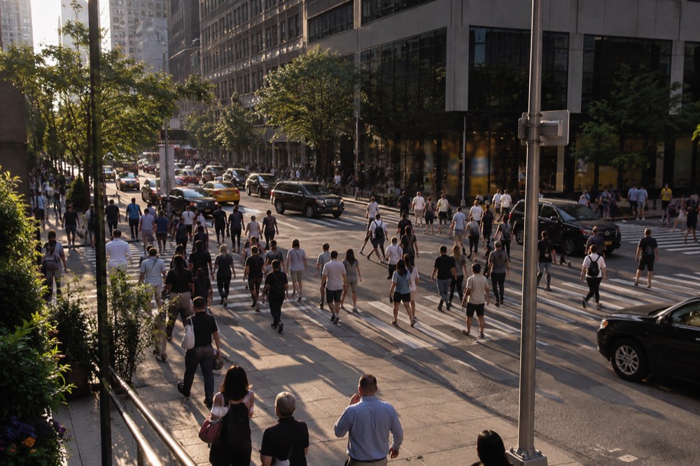 Pedestrians crossing a busy Manhattan street on a warm sunny June day