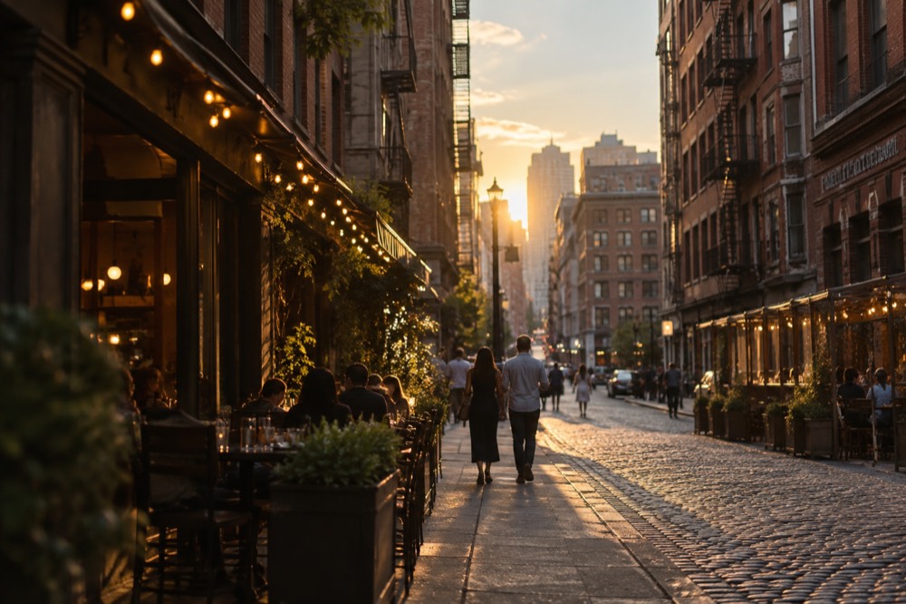 A narrow street in Lower Manhattan lined with old brick buildings, string lights and restaurant awnings