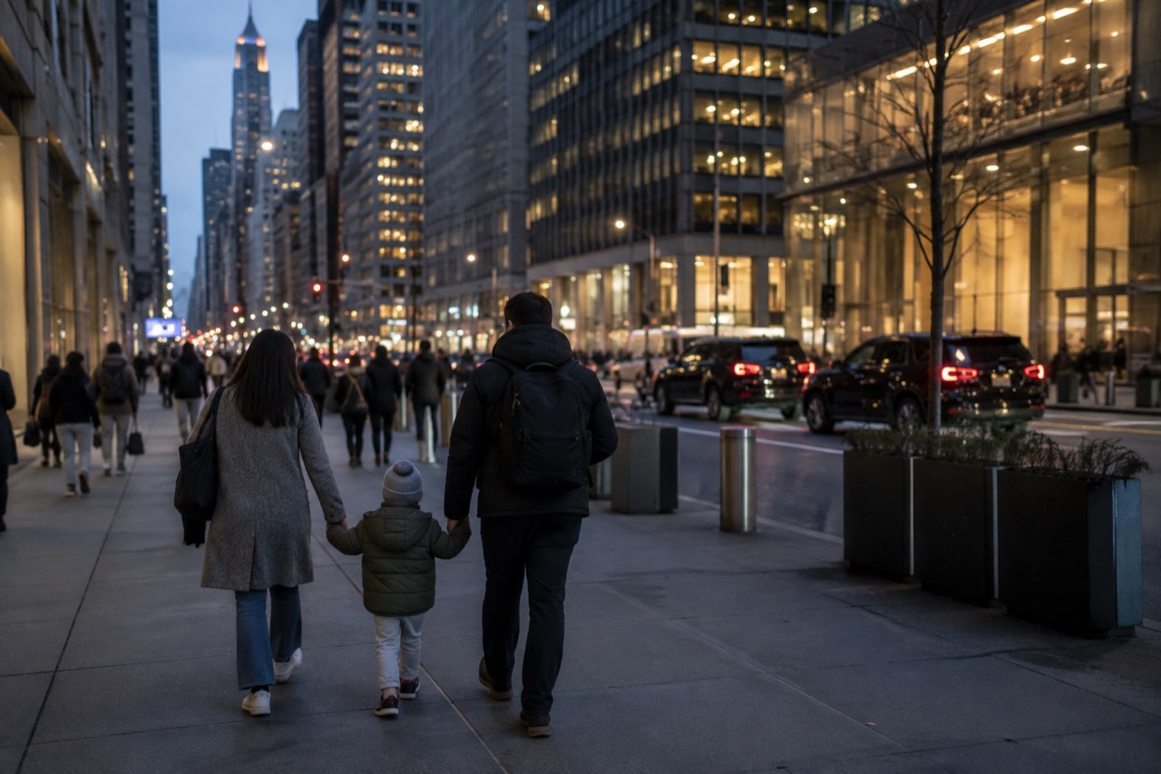 Family walking hand in hand along a wide New York sidewalk with tall buildings behind them