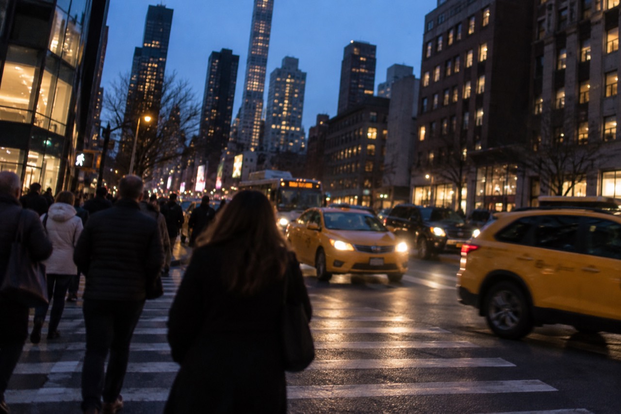 Pedestrians crossing a busy Manhattan street in the evening with yellow taxis passing