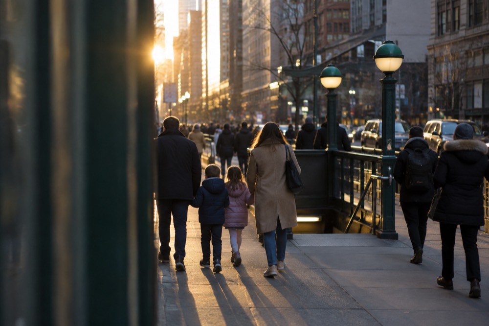 A family with two children walking along a wide New York sidewalk toward a subway entrance on a bright morning