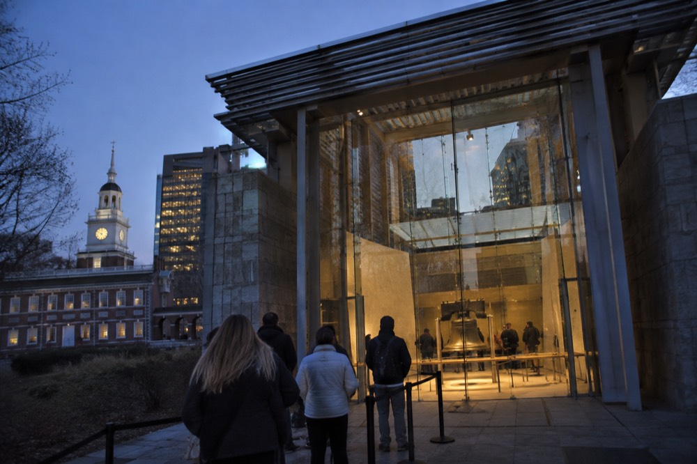 The Liberty Bell pavilion in Philadelphia with visitors waiting in a short line outside