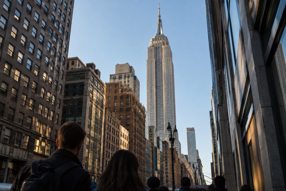 Visitors looking up at the Empire State Building from a Midtown street on a clear afternoon