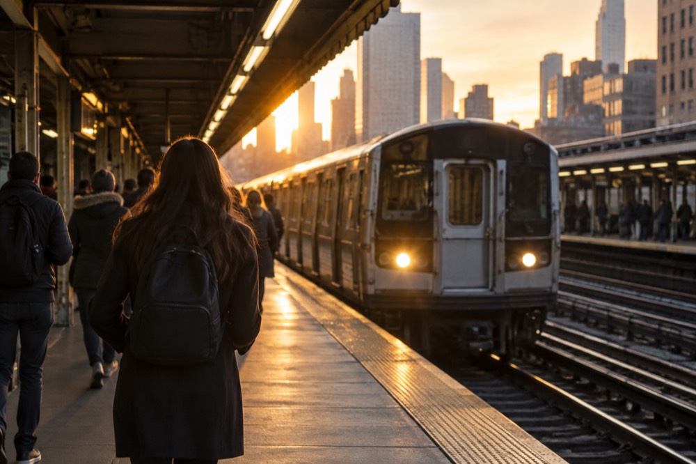 A New York City subway platform with a train arriving and passengers waiting