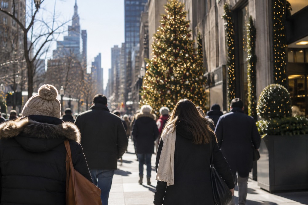 A festively lit New York street with a large decorated Christmas tree and shoppers in winter coats