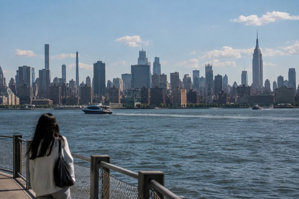 The Manhattan skyline seen across the water, with the Empire State Building rising above midtown towers