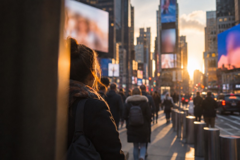 The glowing marquees of Broadway theaters along a New York City street at dusk