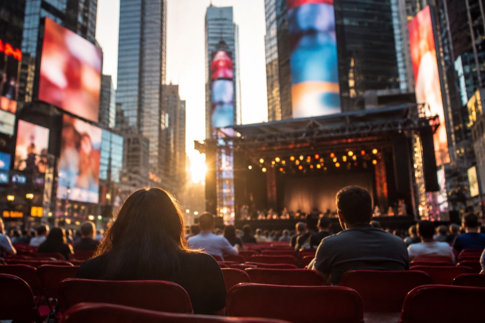 Rows of red theater seats facing an illuminated stage before a performance