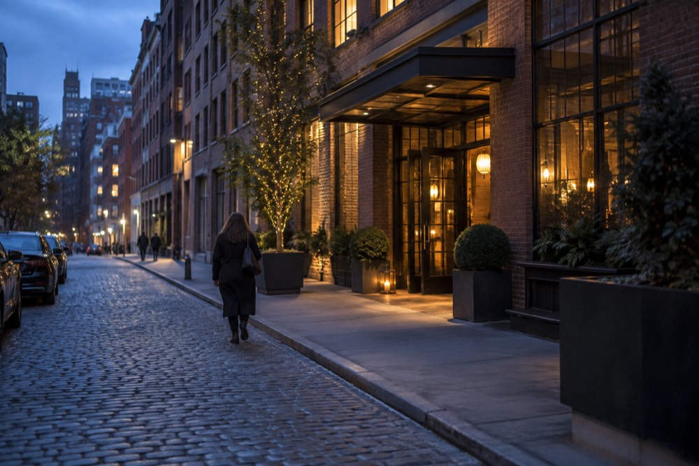 The brick facade and courtyard entrance of a boutique hotel on a quiet Tribeca street