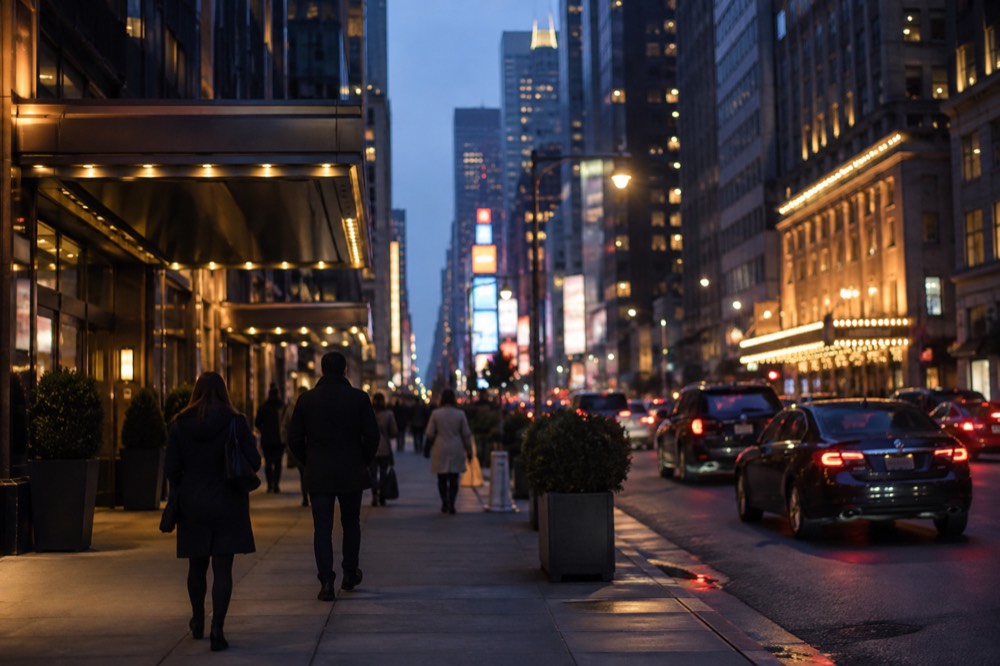 Evening view of a Midtown Manhattan street with hotel entrances and glowing theater marquees a few blocks apart
