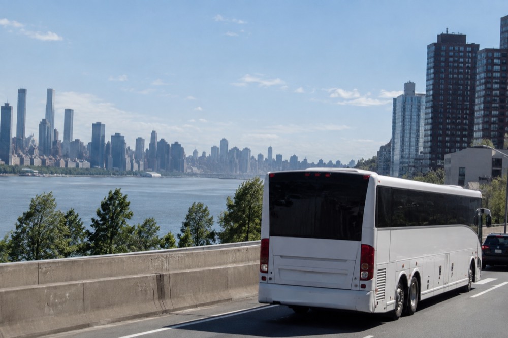 A coach bus traveling on a highway with a river valley and distant city skyline behind it
