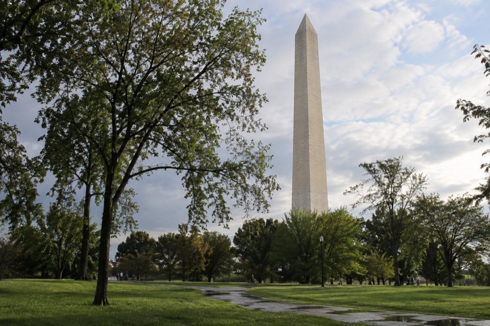 The National Mall in Washington DC with the Washington Monument rising above trees