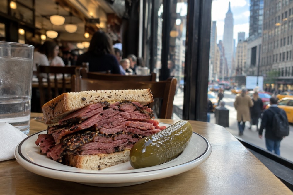 Sliced pastrami stacked on rye bread beside a pickle at a New York delicatessen