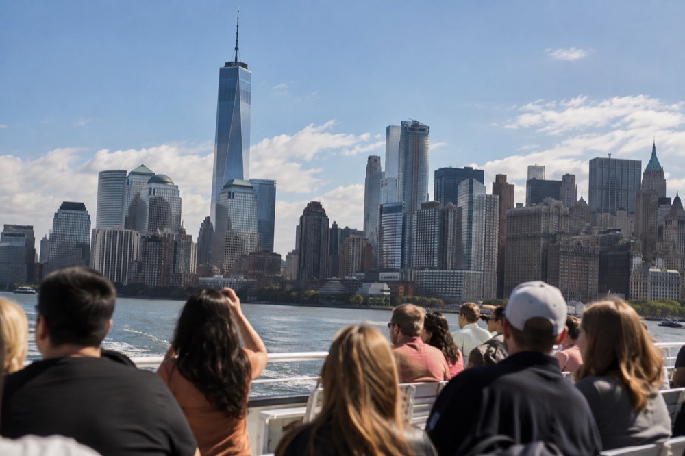Visitors looking up at the Manhattan skyline from a harbor cruise boat