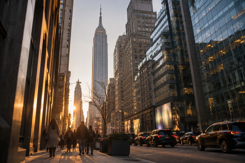 The illuminated marquees and theater facades of Broadway glowing along a busy Midtown street at dusk