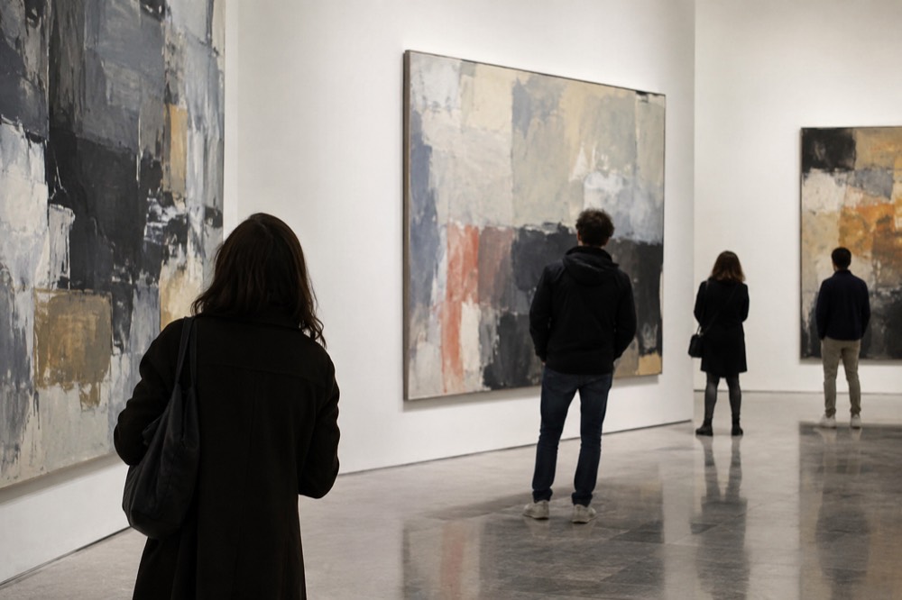 Visitors viewing large modern paintings in a bright museum gallery