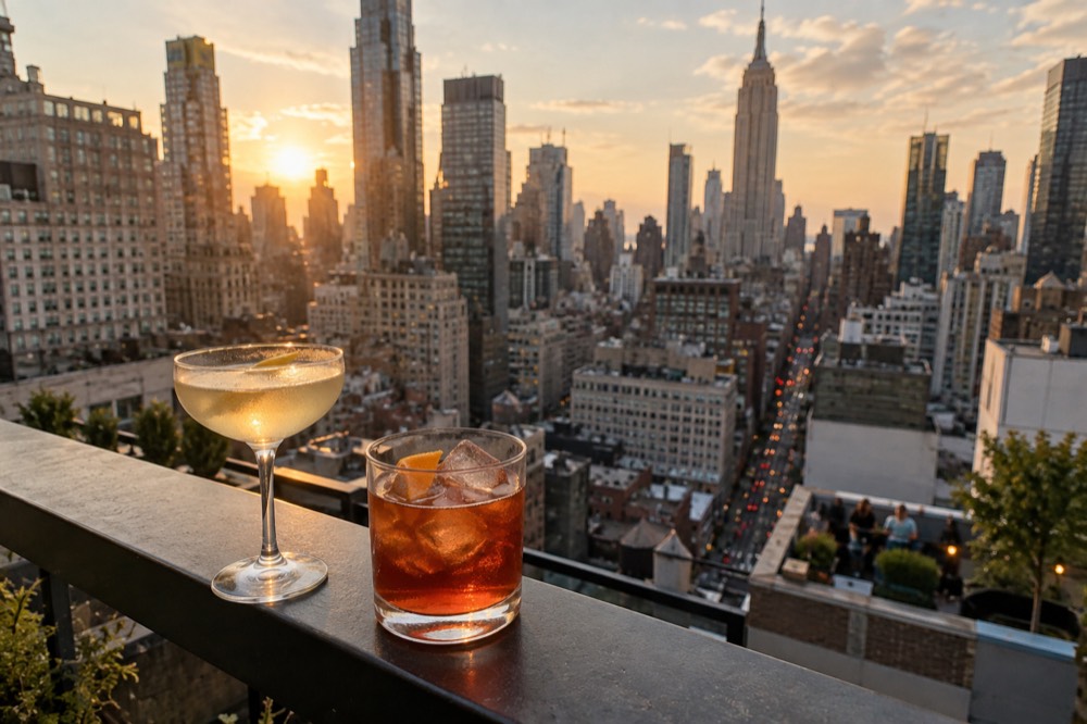 Cocktail glasses on a rooftop terrace rail with the Midtown skyline behind them