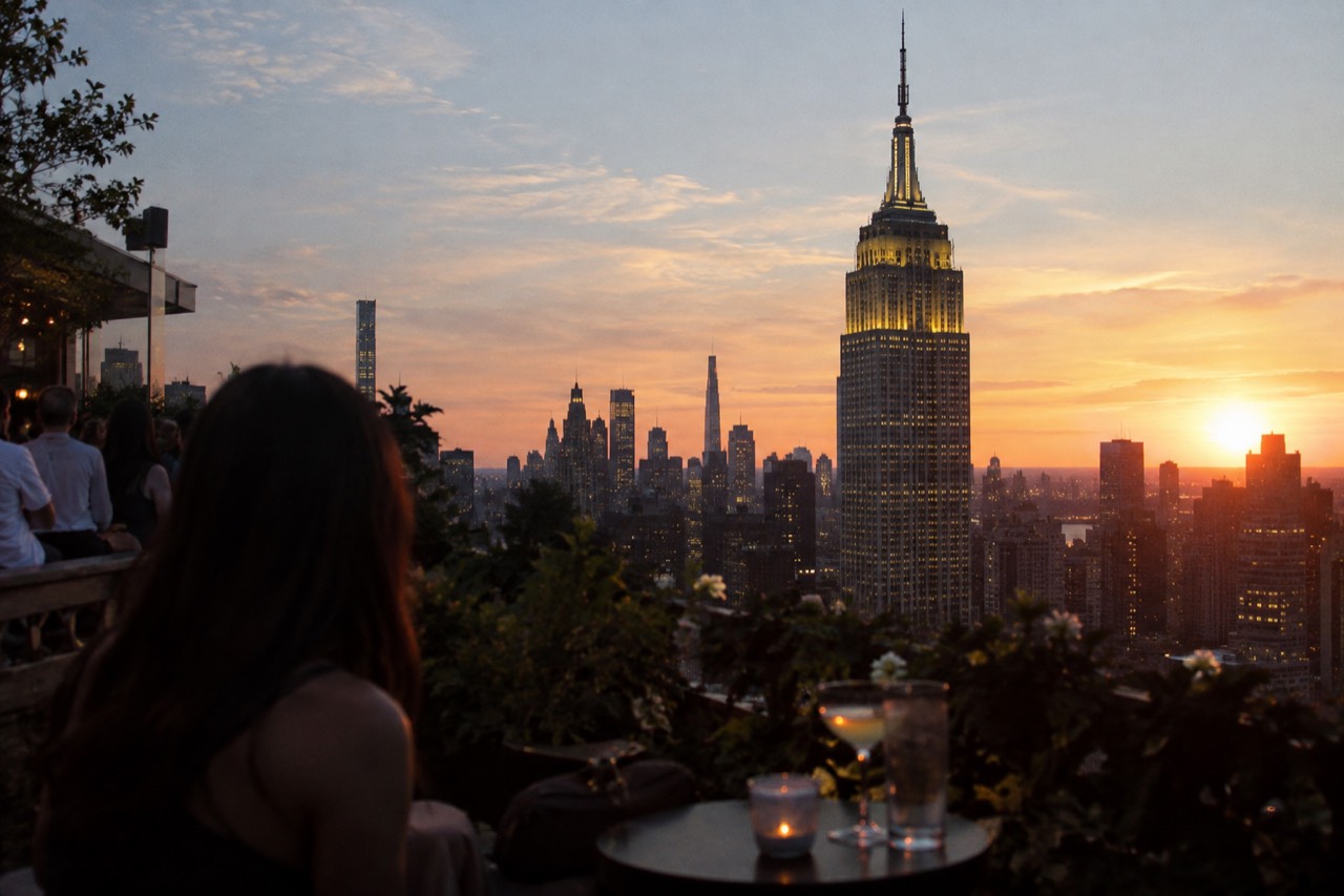 A rooftop bar at dusk with the Empire State Building lit up in the background