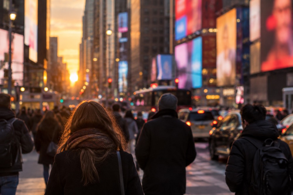 Times Square at dusk with billboards glowing above the intersection and pedestrians crossing below