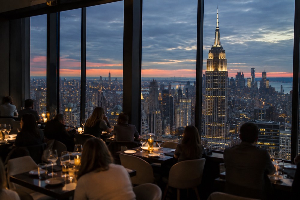 A restaurant dining room at dusk with floor-to-ceiling windows framing the illuminated Empire State Building