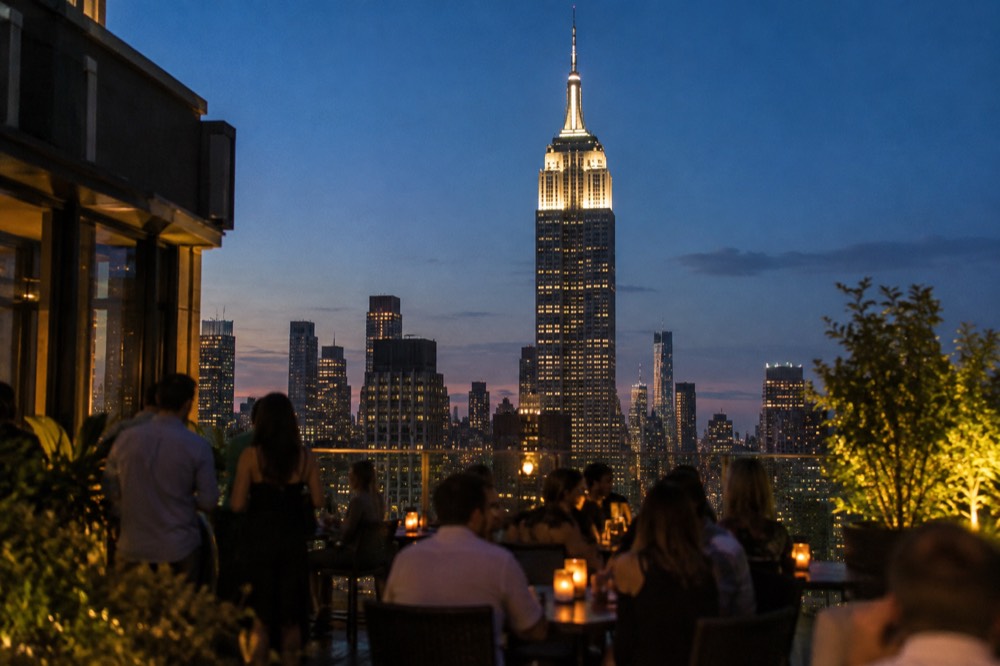 A rooftop bar terrace at dusk with the Empire State Building lit against a deep blue sky